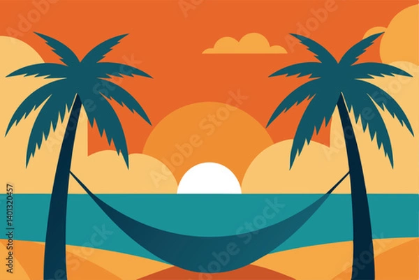 Fototapeta tropical beach with hammock and coconut trees at sunset vector