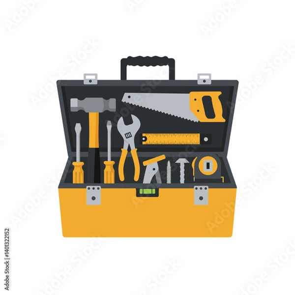 Fototapeta Toolbox filled with various tools in flat design vector art