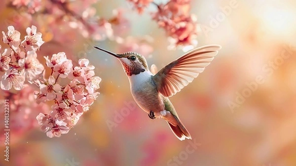 Fototapeta A hummingbird flies in front of blooming spring blossoms. Its wings are spread, and it is getting nectar from flowers.