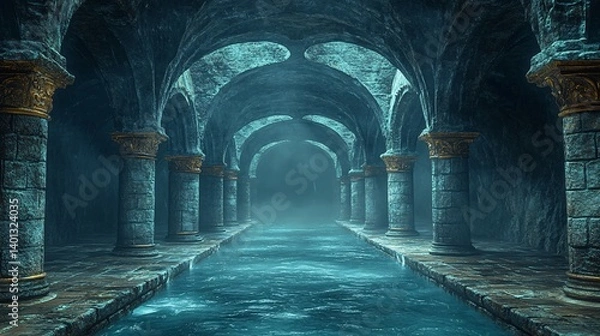 Fototapeta Underground water reservoir with arches and pillars creating a mysterious atmosphere.
