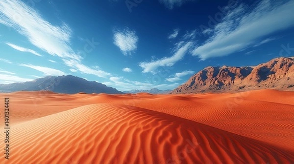 Obraz A vast desert landscape under a blazing midday sun, featuring undulating 