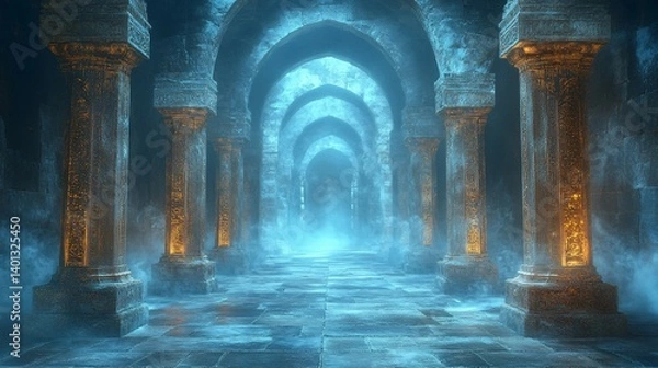 Fototapeta Stone pillars line a hallway with a vaulted ceiling and misty atmosphere.