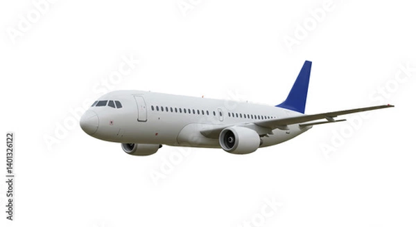 Fototapeta A majestic passenger jet in flight, soaring through a clear sky with a clean white and blue design.