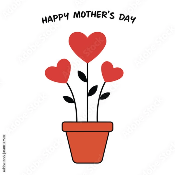Obraz Heart-shaped flowers in a pot with minimalist design for Mothers Day vector illustration
