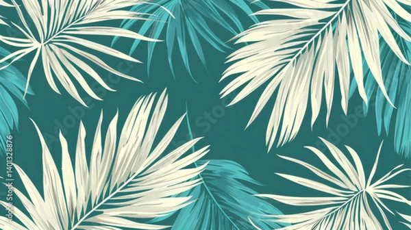 Fototapeta Tropical leaves create vibrant and refreshing background, showcasing blend of teal and cream colors. This design evokes sense of relaxation and nature beauty