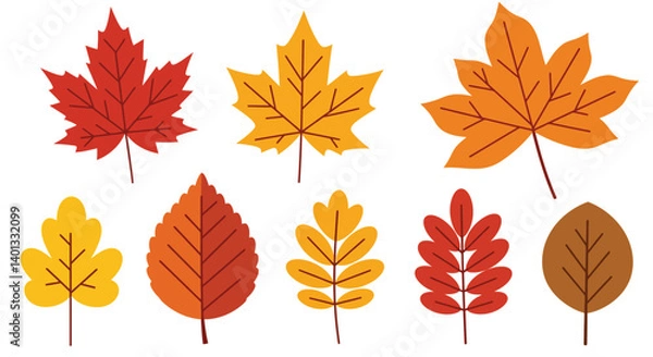 Fototapeta Colorful autumn leaves in various shapes and sizes in flat vector art style vector illustration