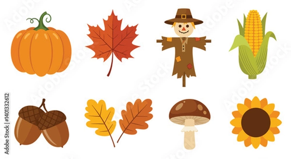 Obraz Colorful autumn elements featuring pumpkin, leaves, scarecrow, and corn in flat vector art