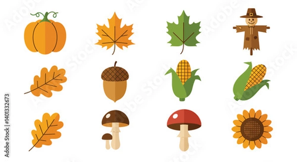 Obraz Colorful autumn harvest elements in flat vector illustration style with pumpkins, leaves, and corn vector art