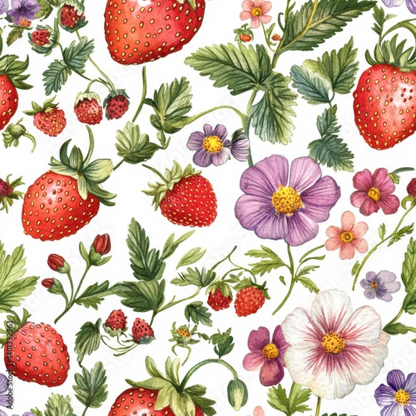 Fototapeta Fresh strawberries and vibrant flowers create lively and colorful pattern, perfect for spring and summer themes. This design captures essence of nature beauty and abundance