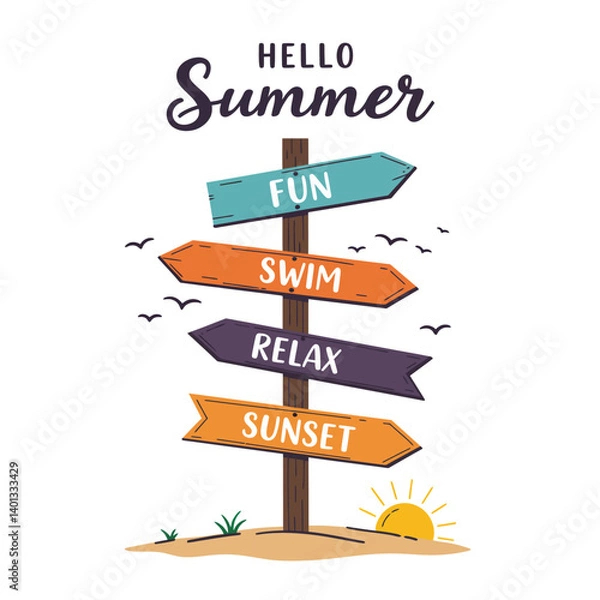 Obraz Colorful summer signpost with directional arrows and cheerful summer themes depicted