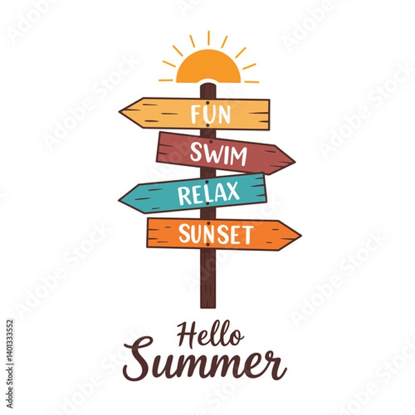 Obraz Colorful summer signpost with directions for fun, swim, relax, and sunset activities