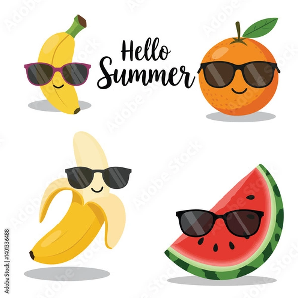 Obraz Colorful cartoon fruits wearing sunglasses celebrating summer with cheerful expressions