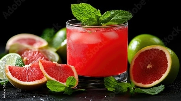Fototapeta Vibrant red cocktail garnished with fresh mint leaves, surrounded by grapefruit and lime slices.  A refreshing summer drink