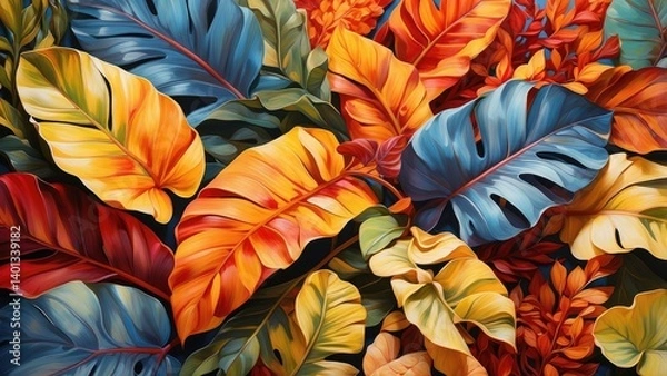Fototapeta A vibrant composition of tropical leaves in shades of yellow, orange, and red, set against a soft, blurred blue background