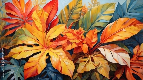 Fototapeta A vibrant composition of tropical leaves in shades of yellow, orange, and red, set against a soft, blurred blue background