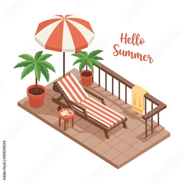 Obraz Cozy summer patio scene with lounge chair, umbrella, and tropical plants