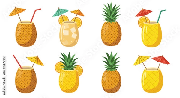 Obraz Colorful tropical drinks in coconut and pineapple containers with umbrellas and straws