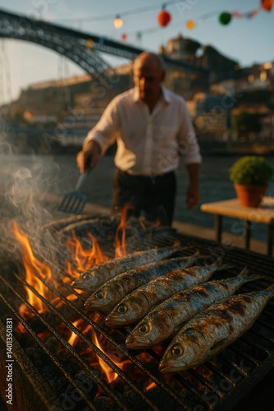 Fototapeta Portuguese Feast: Festive Atmosphere of a Sardine Festival with Grilled Sardines, Fresh Salad, and Olive Oil, Set Against the Picturesque Backdrop of Porto, Douro River, and Bridges. São João
