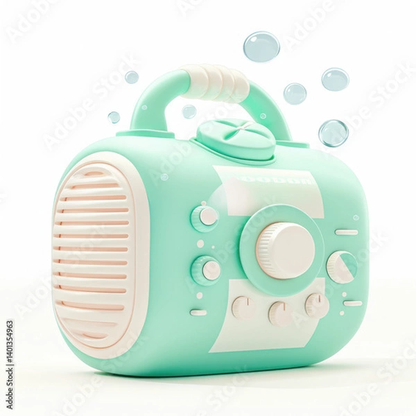 Fototapeta Stylish mint green radio with buttons, bubbles around, on a white isolated background.