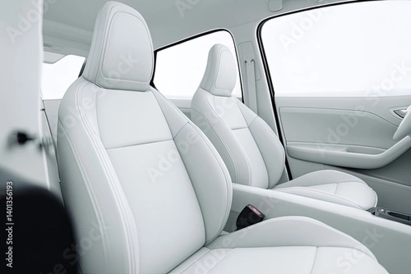 Fototapeta a white front seat of Cheap and economical car on empty white surface mockup,with a Detachable seat headrest
