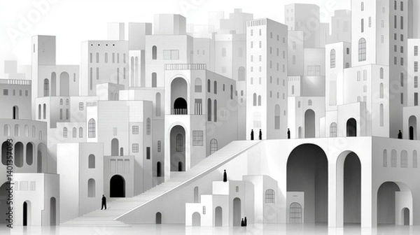 Obraz Abstract white architectural cityscape with arches and windows in grayscale with copy space