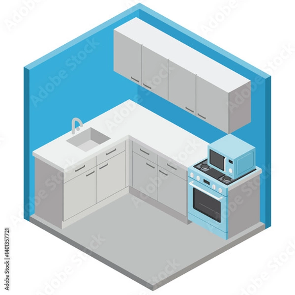 Fototapeta Modern kitchen design featuring flat minimal style with appliances and cabinets vector illustration