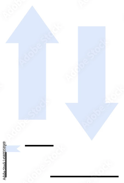 Fototapeta Light blue arrows pointing up and down with minimal horizontal and vertical lines and a small flag element. Ideal for navigation, comparison, direction, ranking, conflict, strategy, or