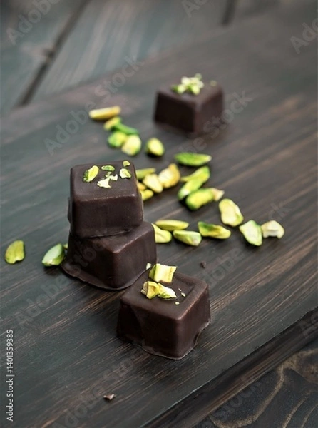 Fototapeta Handmade chocolate candies with filling on dark background