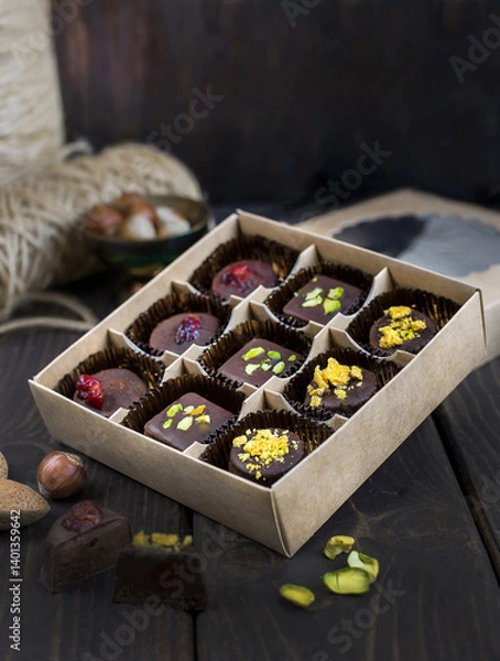 Fototapeta Handmade chocolate candies with filling on dark background