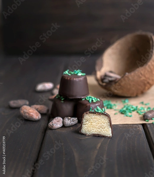 Fototapeta Handmade chocolate candies with filling on dark background