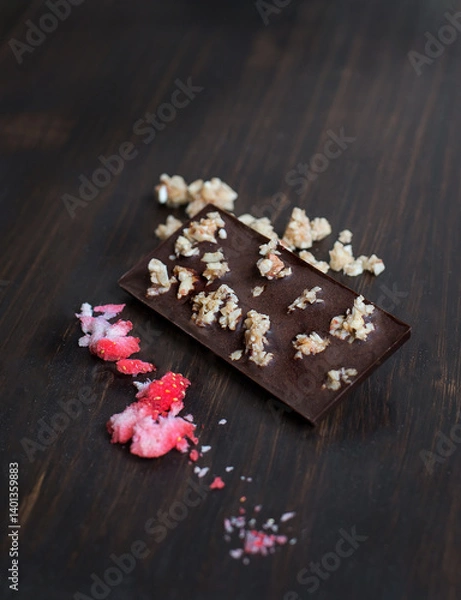 Fototapeta Natural homemade dark chocolate handmade with freeze-dried berries and seeds