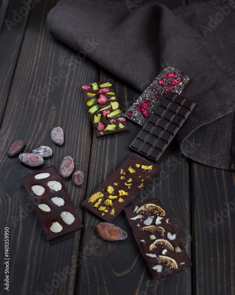Fototapeta Natural homemade dark chocolate handmade with freeze-dried berries and seeds