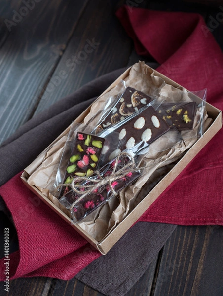 Fototapeta Natural homemade dark chocolate handmade with freeze-dried berries and seeds
