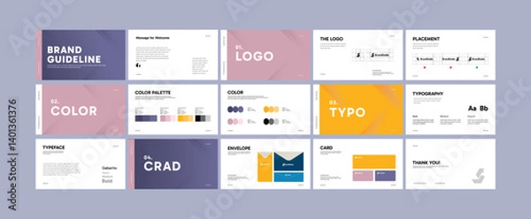 Fototapeta 
Creative Brand Guidelines template. Modern Brand Strategy Guideline design. Clean Brand Identity presentation design. Logo Guideline template. Logo Guide Book or Brand Manual Layout.