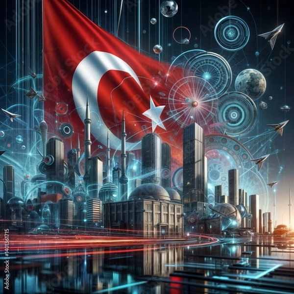 Fototapeta Futuristic cityscape with Turkish flag and holographic elements