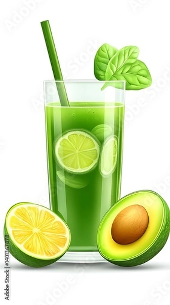 Fototapeta Green smoothie with lime, avocado, and lemon