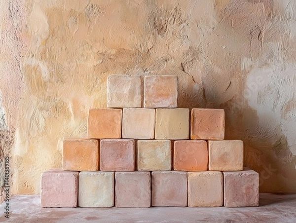 Fototapeta A pyramid of terracotta blocks against a textured, ochre wall.  Earthy tones and rustic aesthetic.
