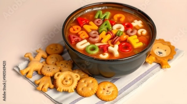 Obraz A bowl of warm alphabet soup with colorful letter pasta, placed beside animal-shaped crackers and a striped napkin