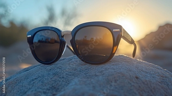 Fototapeta High-end sunglasses placed on a large rock under bright desert sun, minimalist and chic for a summer fashion ad mockup
