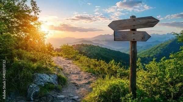 Obraz A scenic view of a mountainside path with wooden signposts, illuminated by a warm sunset, showcasing lush greenery and distant peaks.