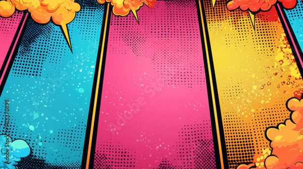 Fototapeta Bright and vibrant comic book style background featuring colorful panels in blue, pink, yellow, and orange with dotted patterns and cloud like shapes, perfect for creative projects