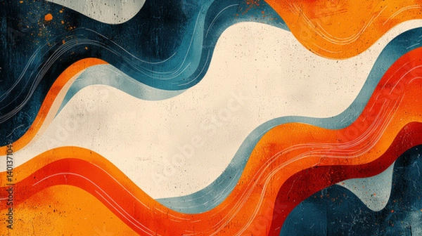 Fototapeta vibrant abstract background featuring flowing waves in shades of orange, blue, and cream, creating dynamic and energetic visual effect. Ideal for modern design projects