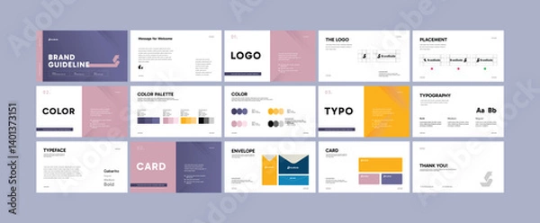 Fototapeta 
Creative Brand Guidelines template. Modern Brand Strategy Guideline design. Clean Brand Identity presentation design. Logo Guideline template. Logo Guide Book or Brand Manual Layout.
