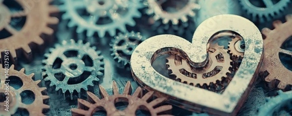 Fototapeta A heart-shaped gear surrounded by various metallic gears, symbolizing love and mechanics.