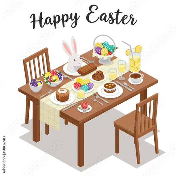 Obraz Easter celebration table with festive food and drinks in flat vector art