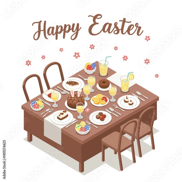 Fototapeta Easter feast table setting with delicious food in flat vector art