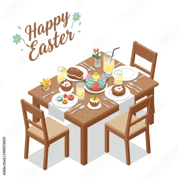 Obraz Easter celebration dining table with colorful treats in flat vector art