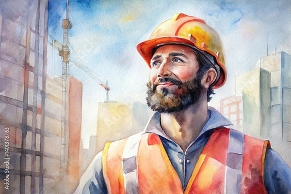Obraz Professional Construction Worker Smiling in Hard Hat and Safety Vest in Urban Environment with Cranes and Skyscrapers in Background