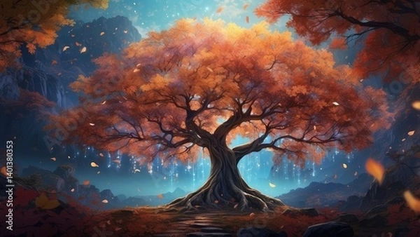 Fototapeta A vibrant, surreal tree with multicolored foliage transitions from orange to green, surrounded by swirling butterflies of various colors