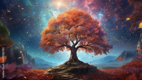 Fototapeta A vibrant, surreal tree with multicolored foliage transitions from orange to green, surrounded by swirling butterflies of various colors